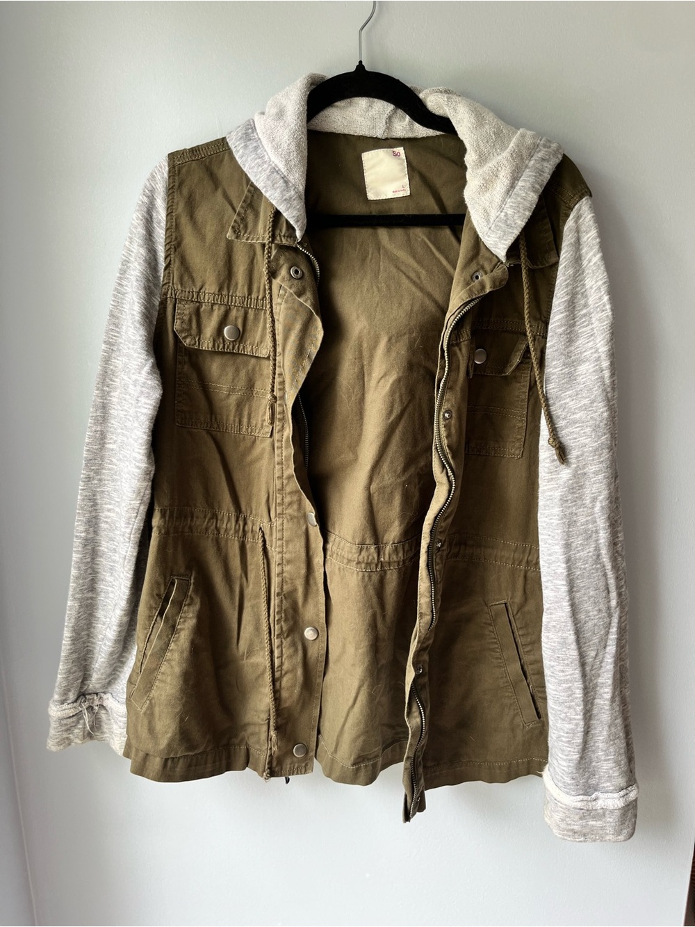 SO Olive Utility Jacket Gray Hoodie Sleeves Size L